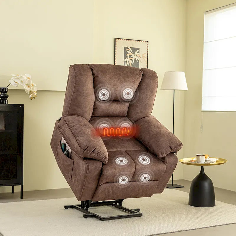 Brown Velvet Power Lift Recliner, Massage, Heated, Pockets, 8-Point