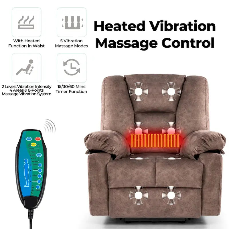 Fauteuil inclinable releveur en velours marron, massage, chauffant, poches, 8 points