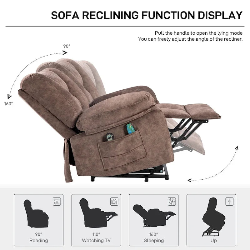 Fauteuil inclinable releveur en velours marron, massage, chauffant, poches, 8 points