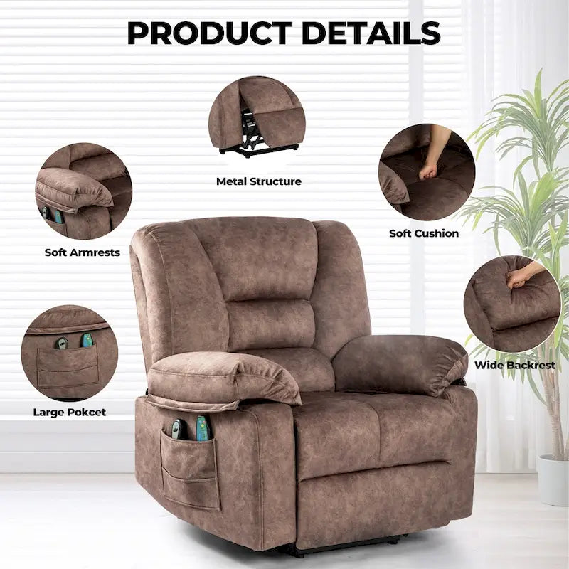Fauteuil inclinable releveur en velours marron, massage, chauffant, poches, 8 points