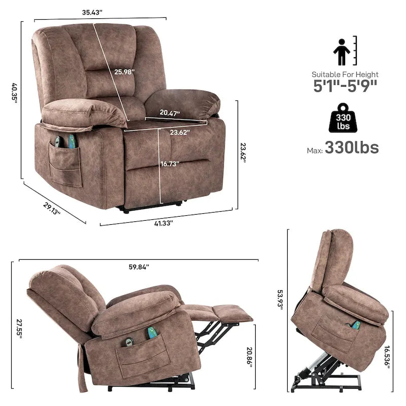 Fauteuil inclinable releveur en velours marron, massage, chauffant, poches, 8 points
