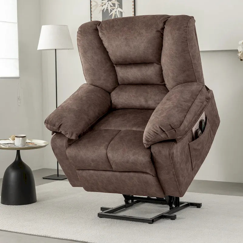 Fauteuil inclinable releveur en velours marron, massage, chauffant, poches, 8 points