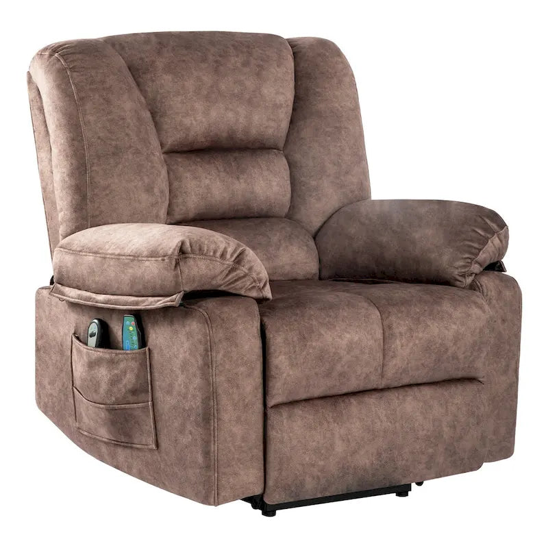 Fauteuil inclinable releveur en velours marron, massage, chauffant, poches, 8 points