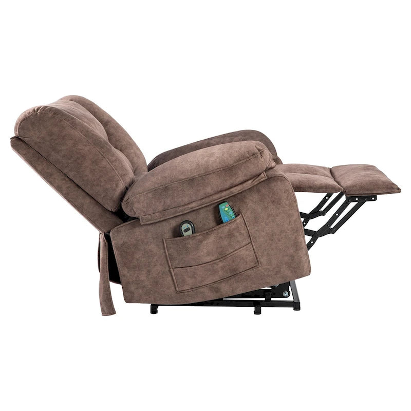 Fauteuil inclinable releveur en velours marron, massage, chauffant, poches, 8 points