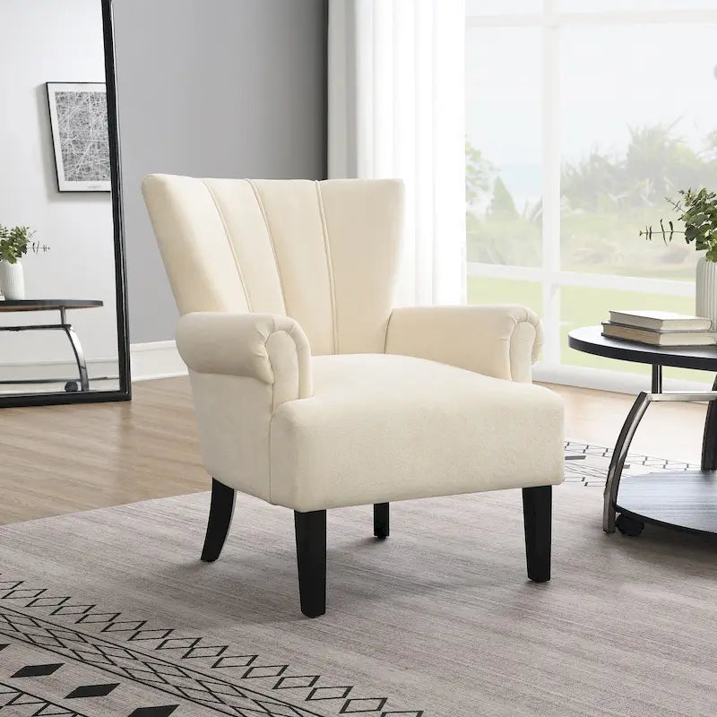 Fauteuil d'appoint avec dossier capitonné en tissu beige et coussin en mousse haute densité