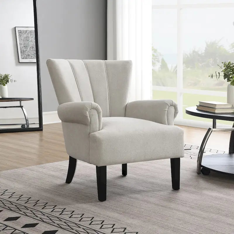 Fauteuil d'appoint avec dossier capitonné en tissu beige et coussin en mousse haute densité
