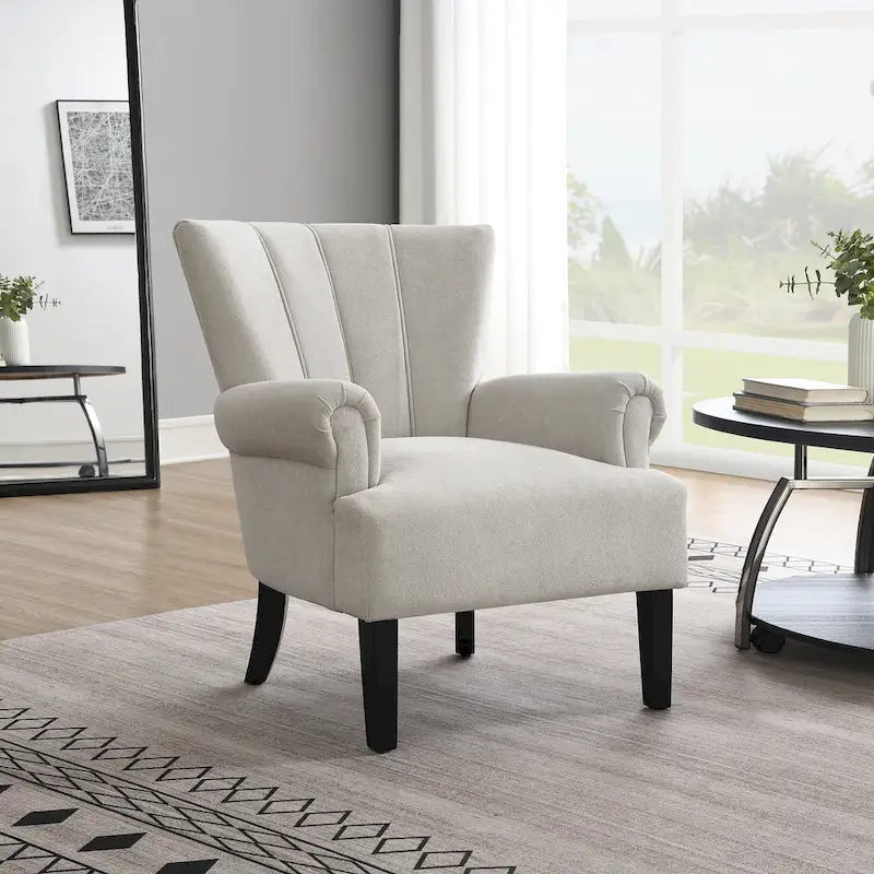 Fauteuil d'appoint avec dossier capitonné en tissu beige et coussin en mousse haute densité