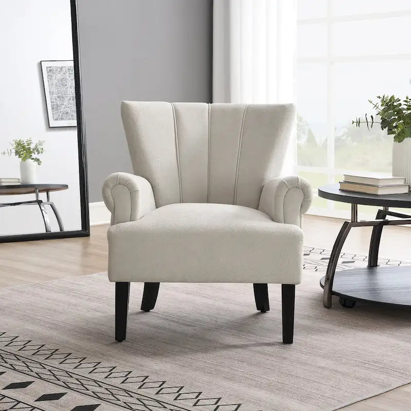Fauteuil d'appoint avec dossier capitonné en tissu beige et coussin en mousse haute densité
