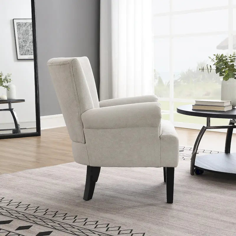 Fauteuil d'appoint avec dossier capitonné en tissu beige et coussin en mousse haute densité