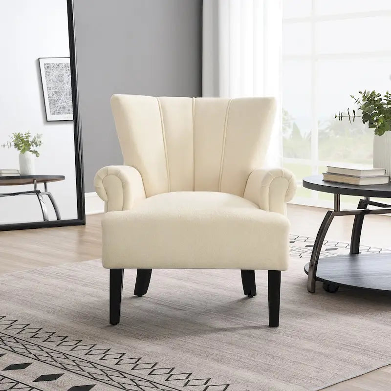 Fauteuil d'appoint avec dossier capitonné en tissu beige et coussin en mousse haute densité