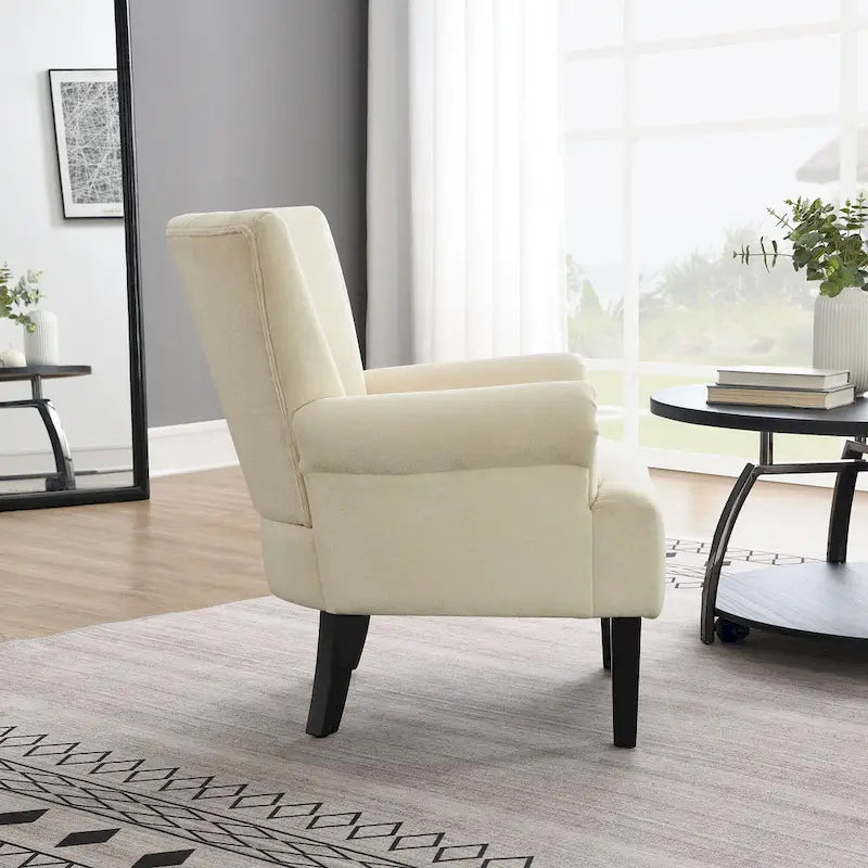 Fauteuil d'appoint avec dossier capitonné en tissu beige et coussin en mousse haute densité