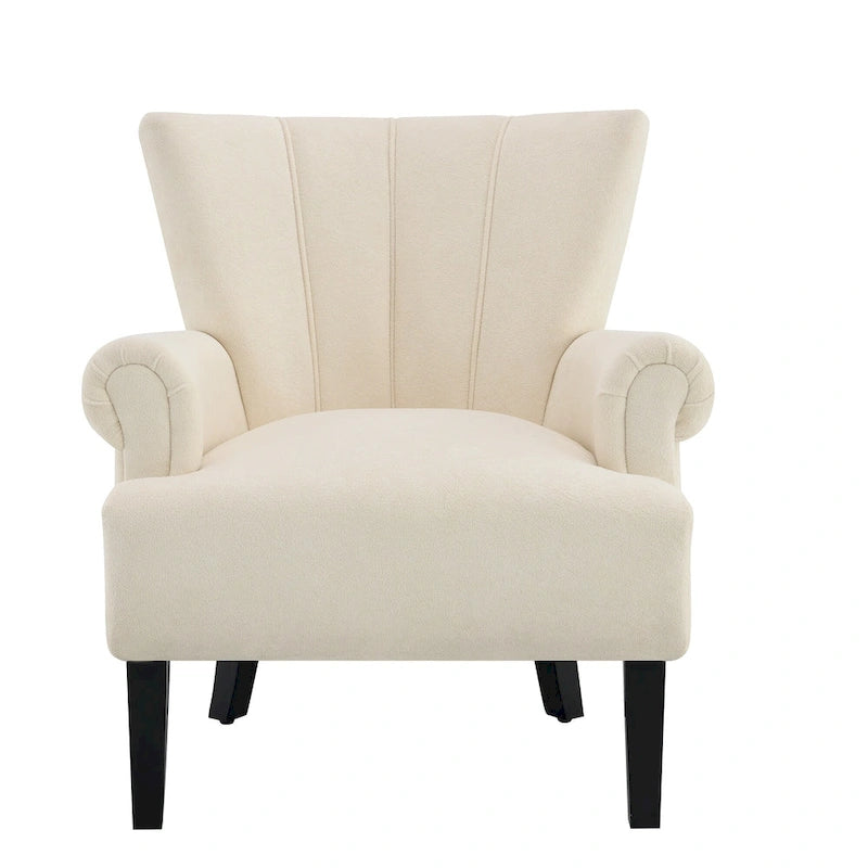 Fauteuil d'appoint avec dossier capitonné en tissu beige et coussin en mousse haute densité