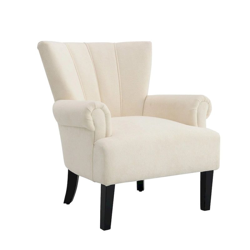 Fauteuil d'appoint avec dossier capitonné en tissu beige et coussin en mousse haute densité
