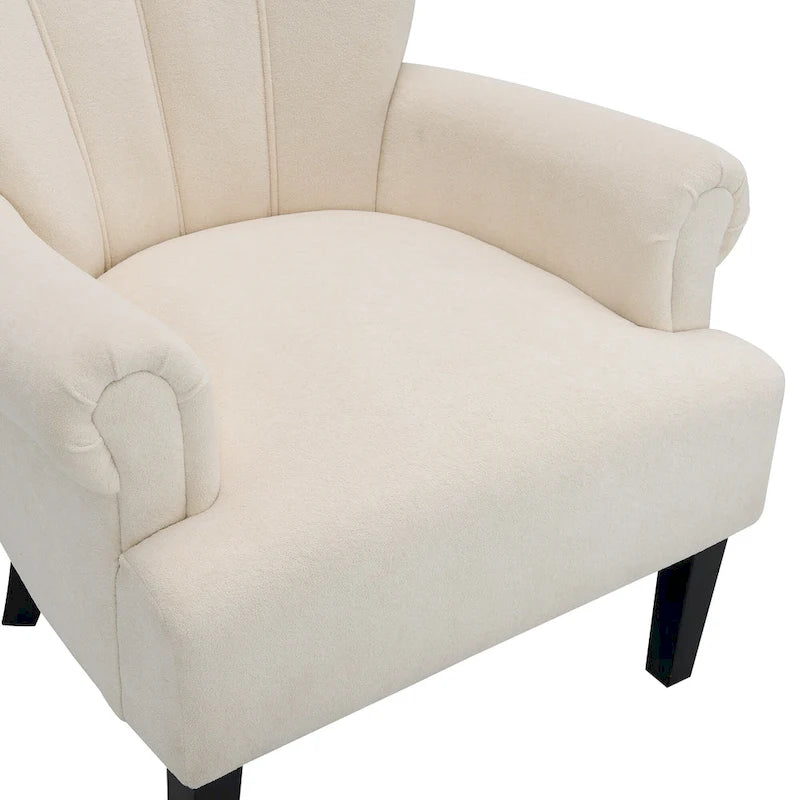 Fauteuil d'appoint avec dossier capitonné en tissu beige et coussin en mousse haute densité