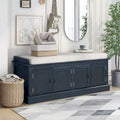 Banc de rangement 4 portes avec coussin en lin et étagère réglable