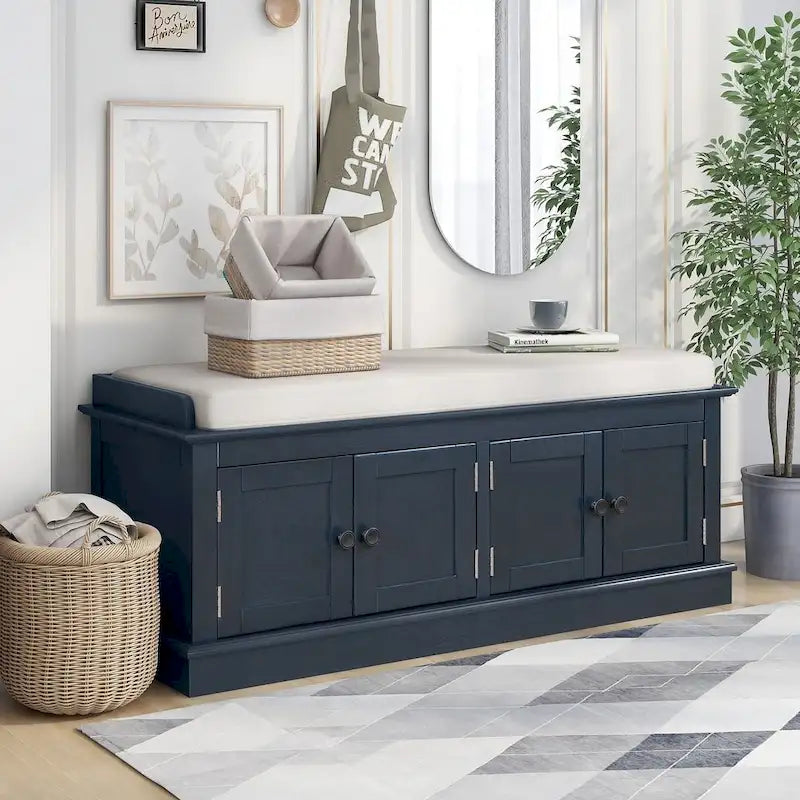 Banc de rangement 4 portes avec coussin en lin et étagère réglable