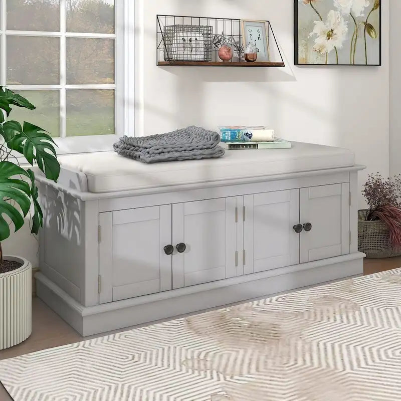 Banc de rangement 4 portes avec coussin en lin et étagère réglable