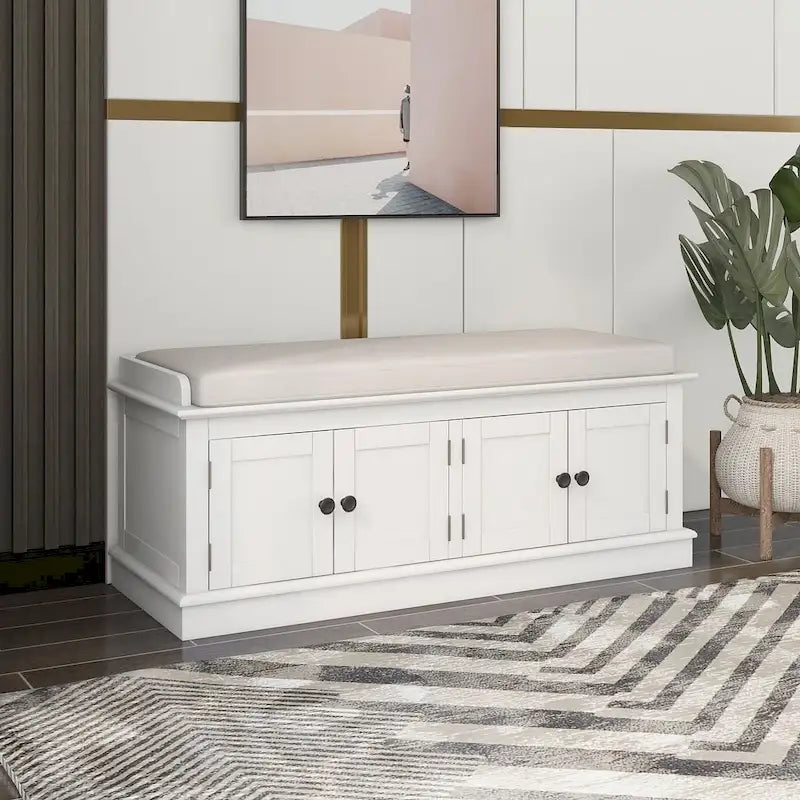 Banc de rangement 4 portes avec coussin en lin et étagère réglable