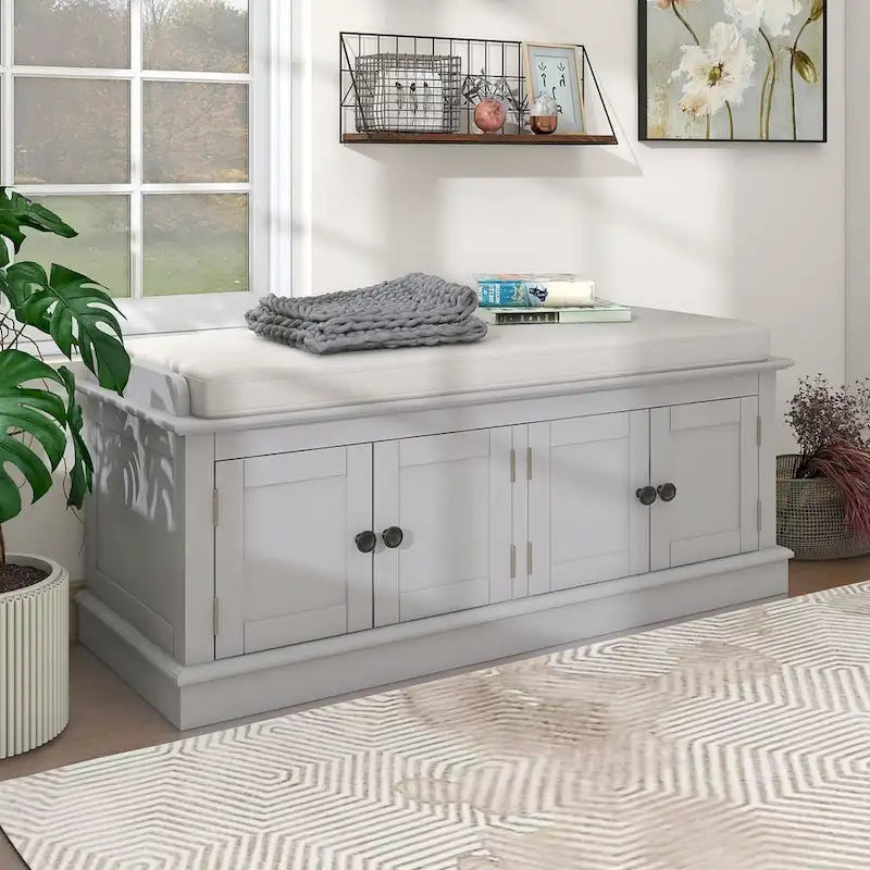 Banc de rangement 4 portes avec coussin en lin et étagère réglable
