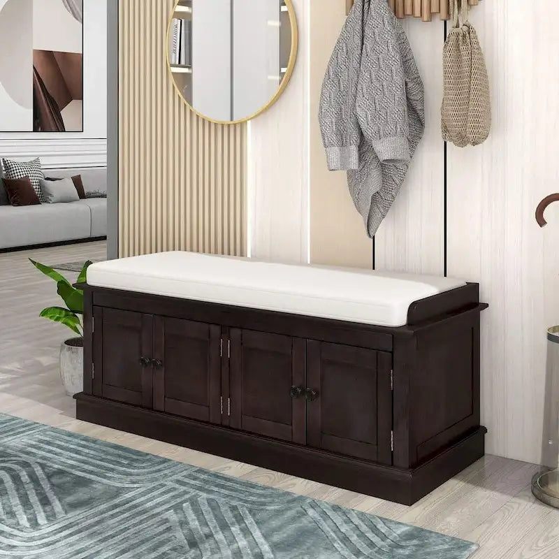 Banc de rangement 4 portes avec coussin en lin et étagère réglable