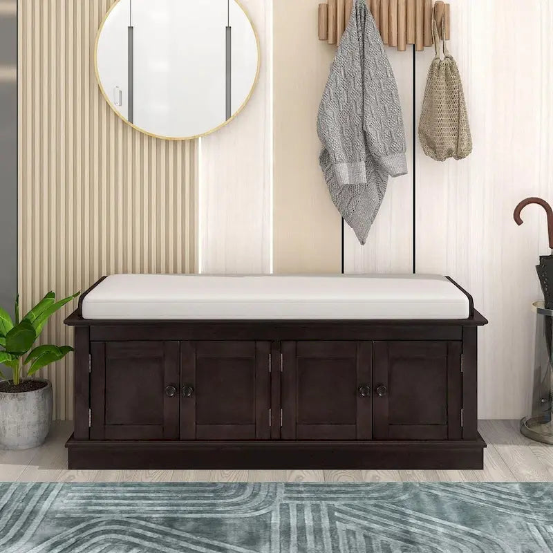 Banc de rangement 4 portes avec coussin en lin et étagère réglable