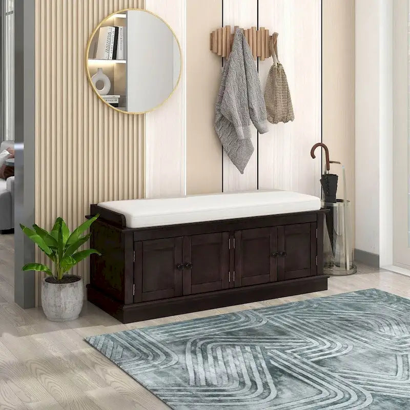 Banc de rangement 4 portes avec coussin en lin et étagère réglable