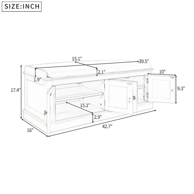 Banc de rangement 4 portes avec coussin en lin et étagère réglable