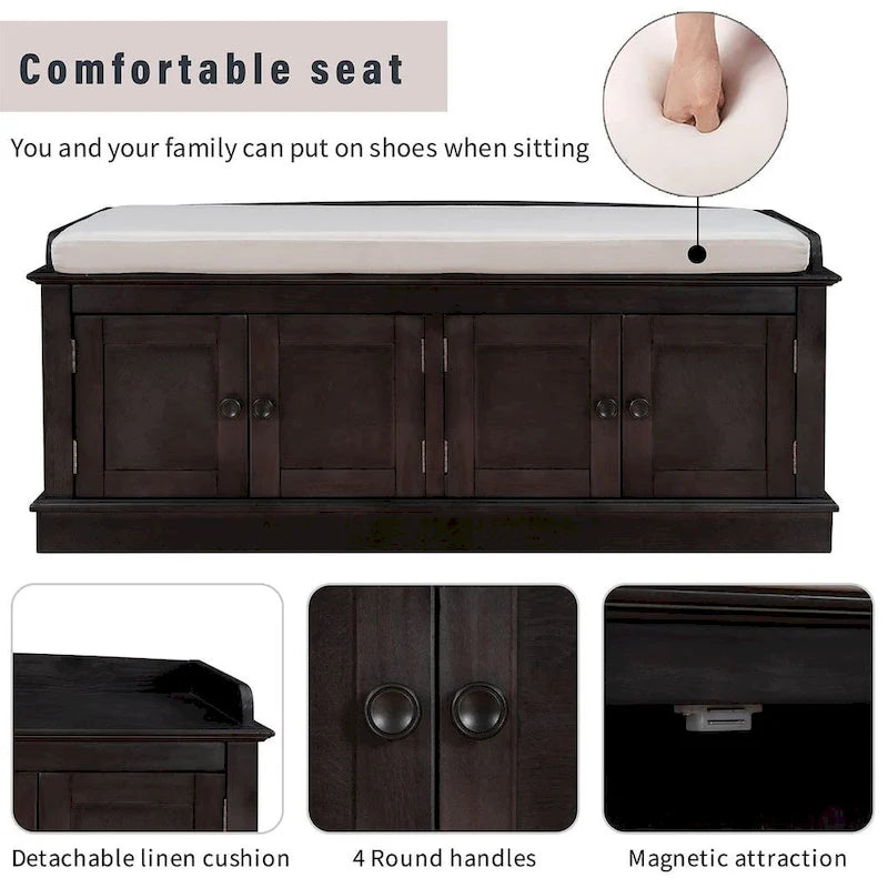 Banc de rangement 4 portes avec coussin en lin et étagère réglable
