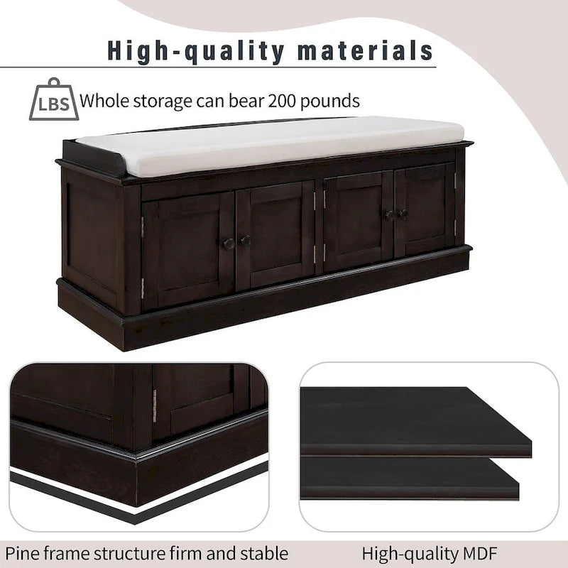 Banc de rangement 4 portes avec coussin en lin et étagère réglable