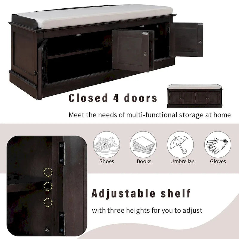 Banc de rangement 4 portes avec coussin en lin et étagère réglable