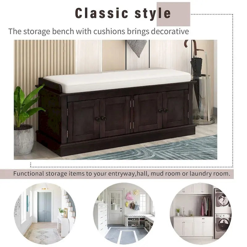 Banc de rangement 4 portes avec coussin en lin et étagère réglable