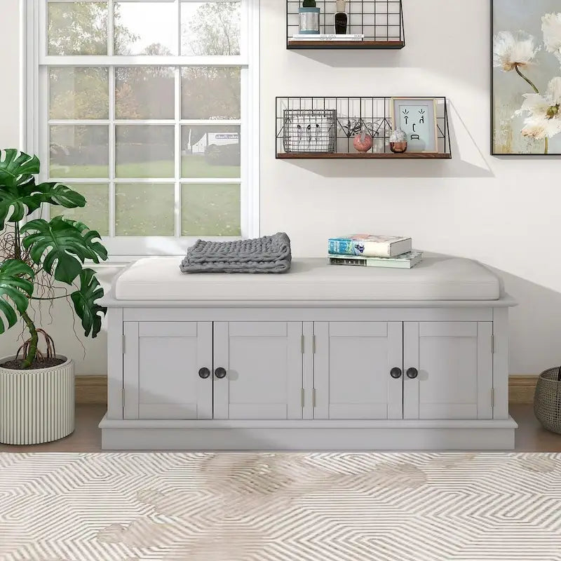 Banc de rangement 4 portes avec coussin en lin et étagère réglable
