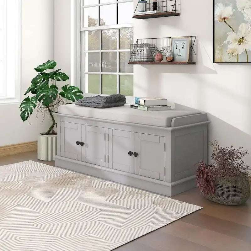 Banc de rangement 4 portes avec coussin en lin et étagère réglable