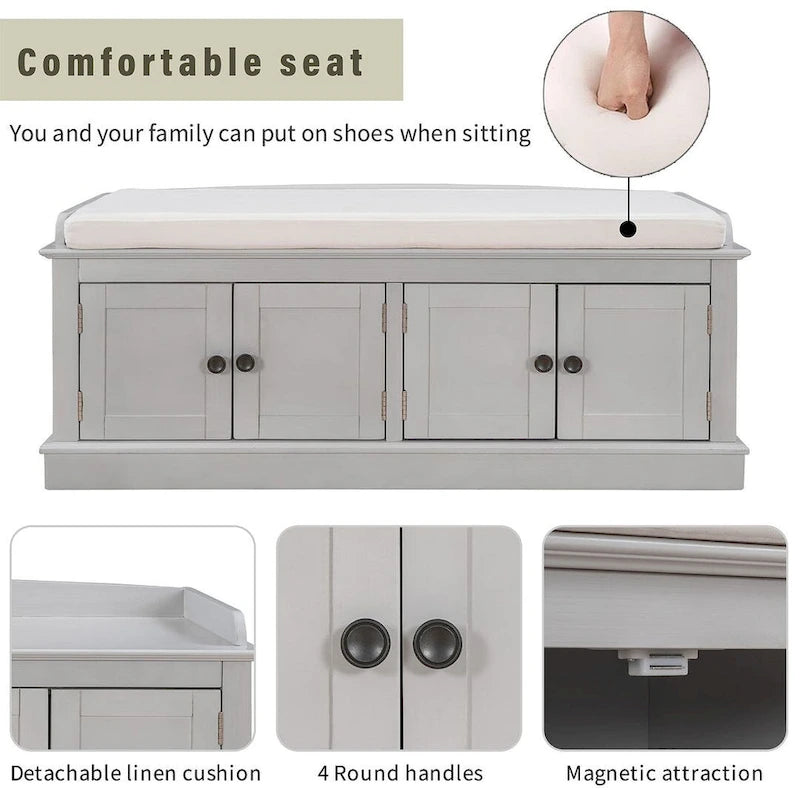Banc de rangement 4 portes avec coussin en lin et étagère réglable