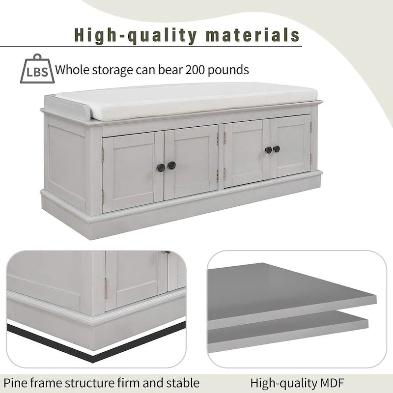 Banc de rangement 4 portes avec coussin en lin et étagère réglable
