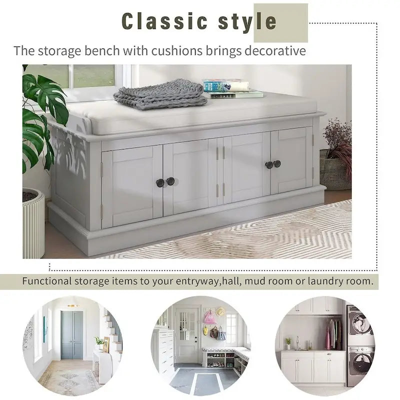 Banc de rangement 4 portes avec coussin en lin et étagère réglable