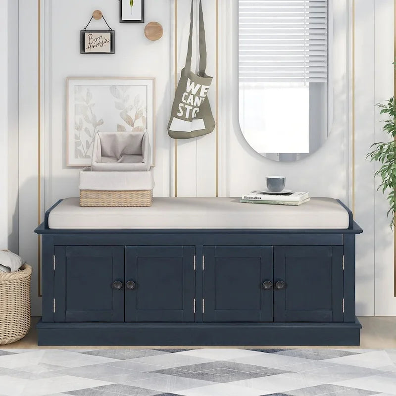 Banc de rangement 4 portes avec coussin en lin et étagère réglable