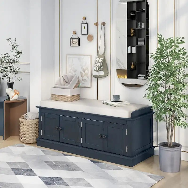 Banc de rangement 4 portes avec coussin en lin et étagère réglable