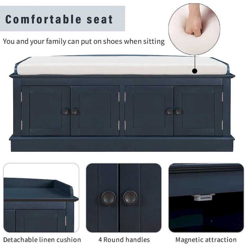 Banc de rangement 4 portes avec coussin en lin et étagère réglable