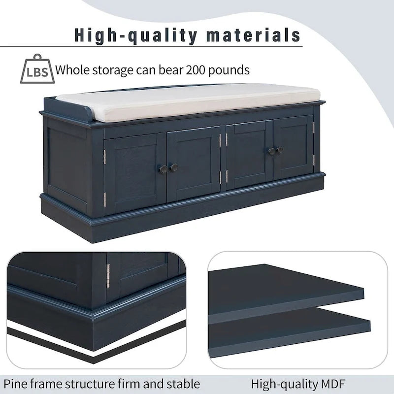 Banc de rangement 4 portes avec coussin en lin et étagère réglable