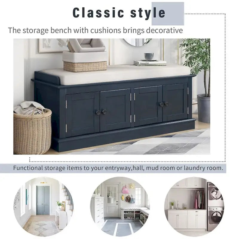 Banc de rangement 4 portes avec coussin en lin et étagère réglable