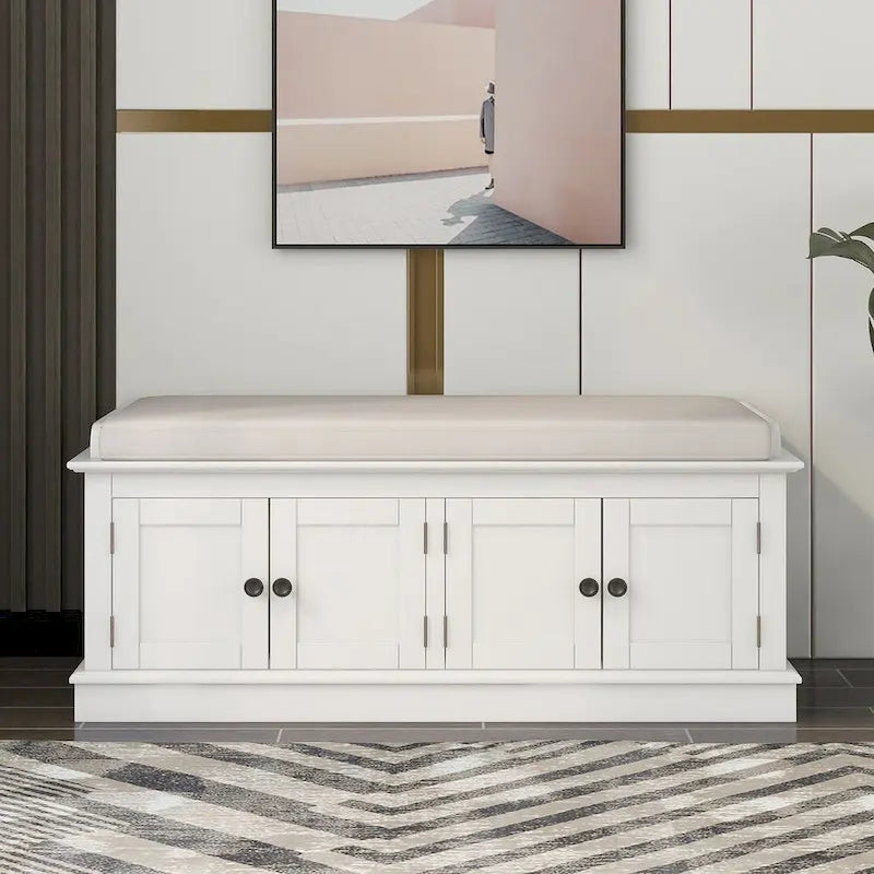 Banc de rangement 4 portes avec coussin en lin et étagère réglable
