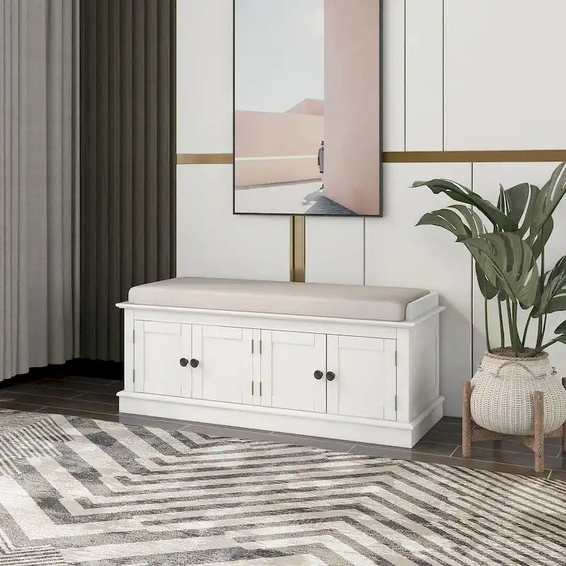 Banc de rangement 4 portes avec coussin en lin et étagère réglable