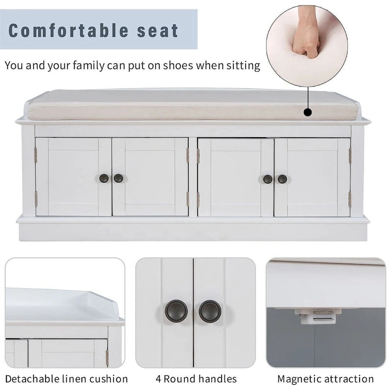 Banc de rangement 4 portes avec coussin en lin et étagère réglable