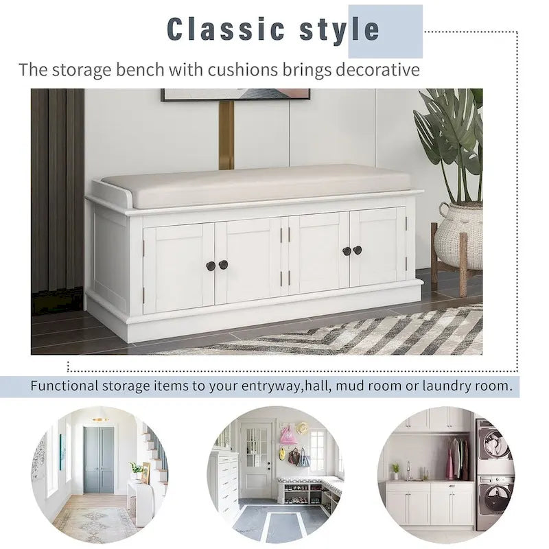 Banc de rangement 4 portes avec coussin en lin et étagère réglable