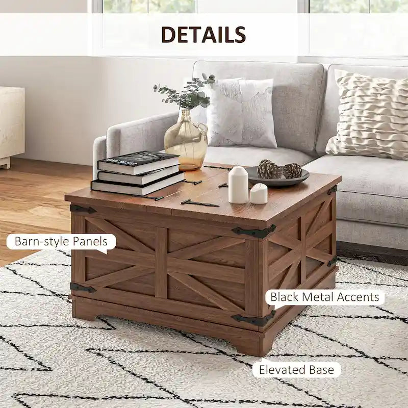 Table basse carrée marron vieilli avec plateau relevable et rangement dissimulé