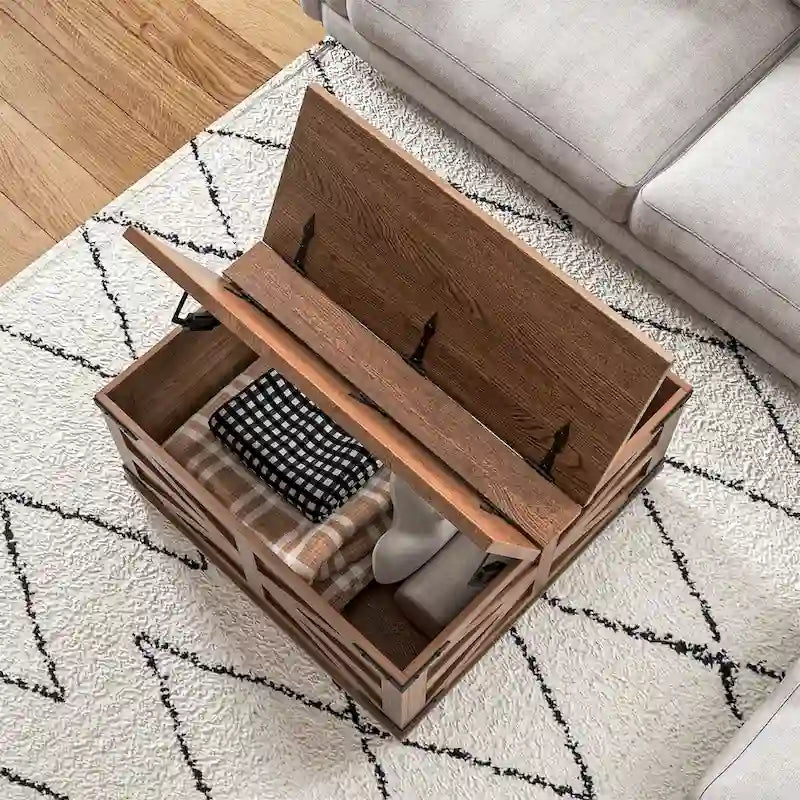 Table basse carrée marron vieilli avec plateau relevable et rangement dissimulé