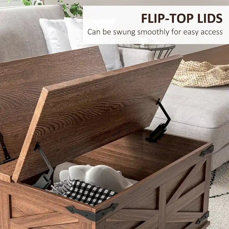 Table basse carrée marron vieilli avec plateau relevable et rangement dissimulé