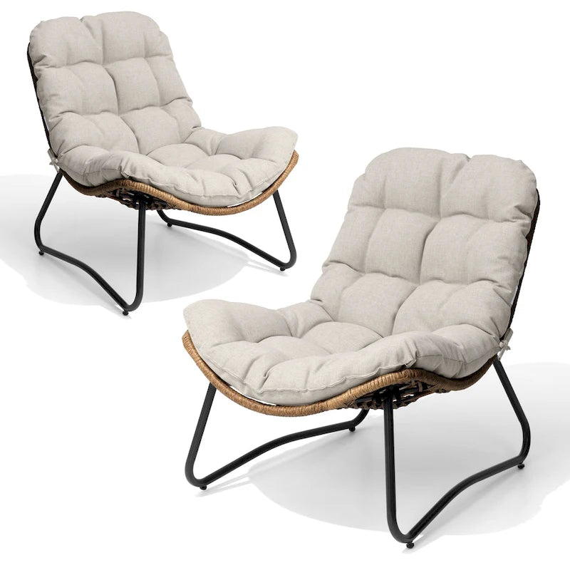 Fauteuil de salon Papasan en rotin avec coussin touffeté beige et cadre en métal noir