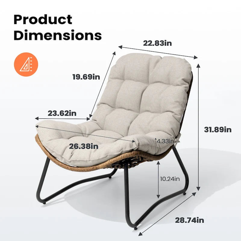 Fauteuil de salon Papasan en rotin avec coussin touffeté beige et cadre en métal noir